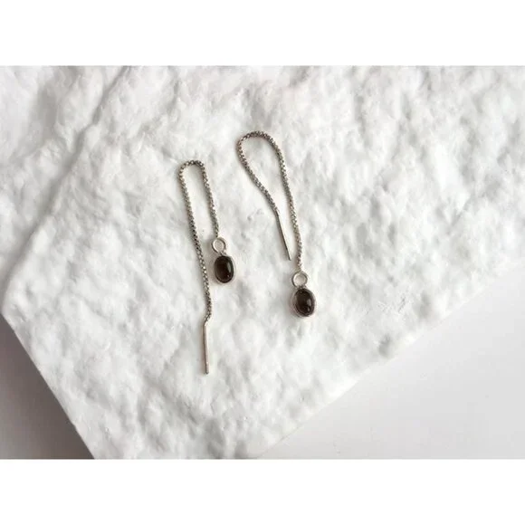 Teardrop Shaped Smoke Glass Threader Style Sterling Silver 925 Dangle Earrings - Picture 9 of 9